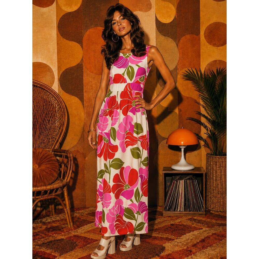Vintage 60s 70s Colorful Hawaiian Floral Maxi Dress M Tropical Groovy Retro